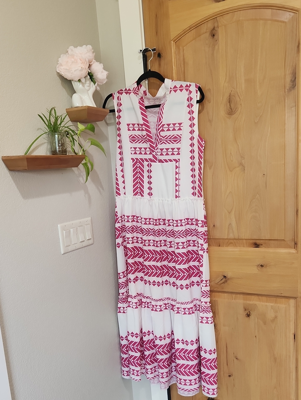 White Sleeveless Maxi Dress with Pink Tribal Print